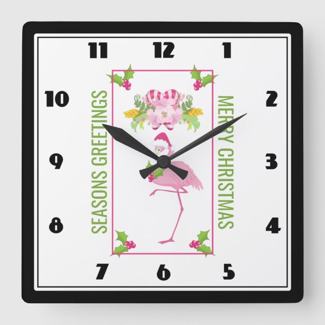 Pink Flamingo Weihnachtsmannmütze Kanu und Holly Quadratische Wanduhr (Vorderseite)