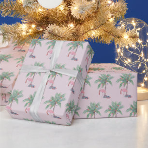 Pink Flamingo   Weihnachtsmannmütze mit Palmenbaum Geschenkpapier