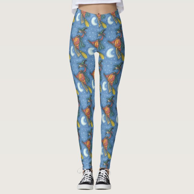 PINK FLAMINGO WITCH AUF BROOM HALLOWEWEEN LEGGINGS (Vorderseite)