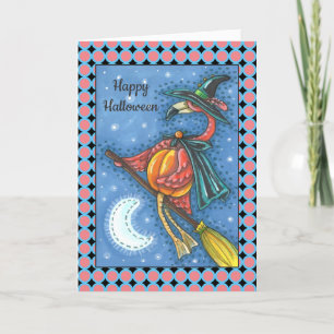 PINK FLAMINGO WITCH, FLIEGT ÜBER DEM MOND AUF EINE FEIERTAGSKARTE