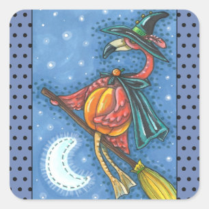 PINK FLAMINGO WITCH, FLIEGT ÜBER DEM MOND AUF EINE QUADRATISCHER AUFKLEBER