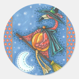 PINK FLAMINGO WITCH, FLIEGT ÜBER DEM MOND AUF EINE RUNDER AUFKLEBER