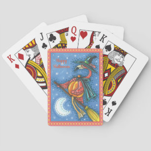 PINK FLAMINGO WITCH, FLIEGT ÜBER DEM MOND AUF EINE SPIELKARTEN