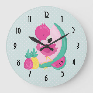 Pink Flamingo with Watermelon & Pineapples Große Wanduhr