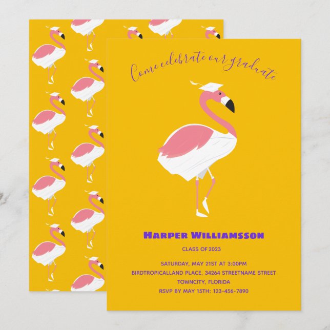Pink Flamingo Yellow Animal Abschluss Einladung (Vorne/Hinten)