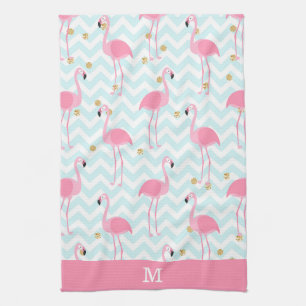 Pink Flamingo Zickzack Strip Monogram Geschirrtuch