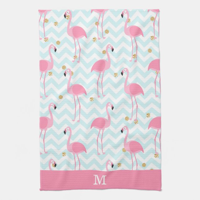 Pink Flamingo Zickzack Strip Monogram Geschirrtuch (Vertikal)