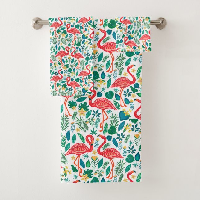 Pink Flamingos and Tropical Flowers Pattern Badhandtuch Set (Insitu)
