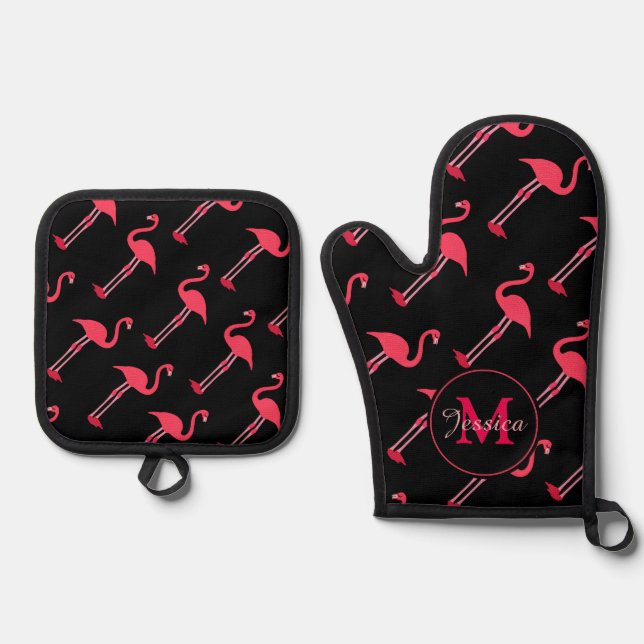 Pink Flamingos auf Personalisiert schwarz Ofenhandschuh & Topflappen-Set (Vorderseite)