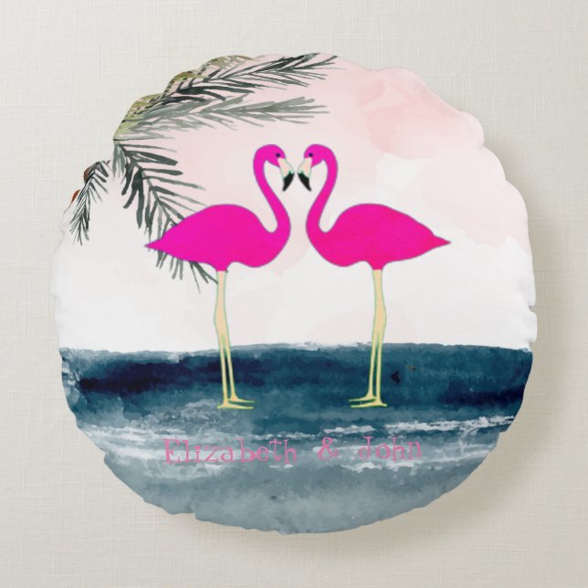 Pink Flamingos Beach Rundes Kissen (Vorderseite)