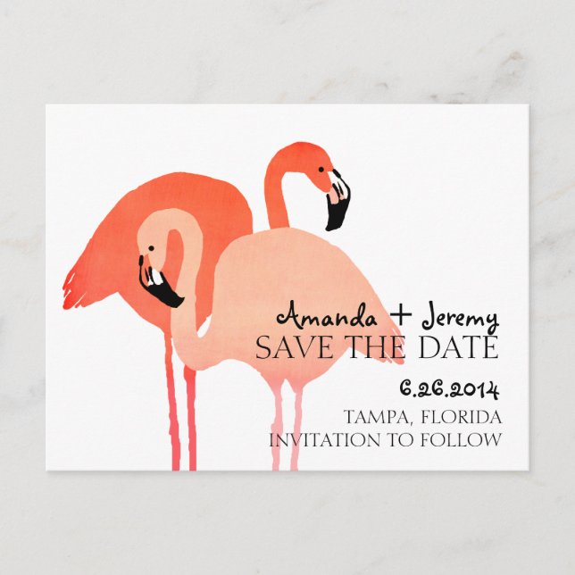 Pink Flamingos Beach Save the Date Ankündigungspostkarte (Vorderseite)