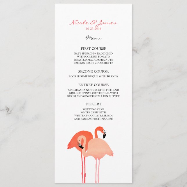 Pink Flamingos Beach Wedding Menü Menükarte (Vorderseite)