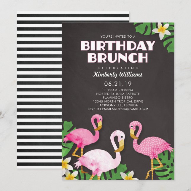 Pink Flamingos Birthday Brunch Chalkboard Einladung (Vorne/Hinten)