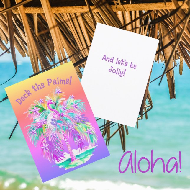 Pink Flamingos Christmas Palm Tree Personalisiert Karte (Deck the Palms!)