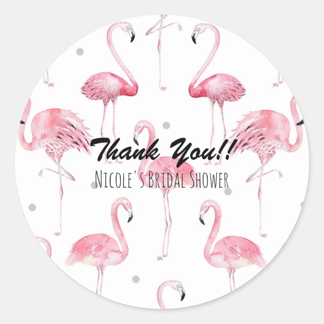 Pink Flamingos Gray Polka Dots Chic Gevor Runder Aufkleber (Vorderseite)