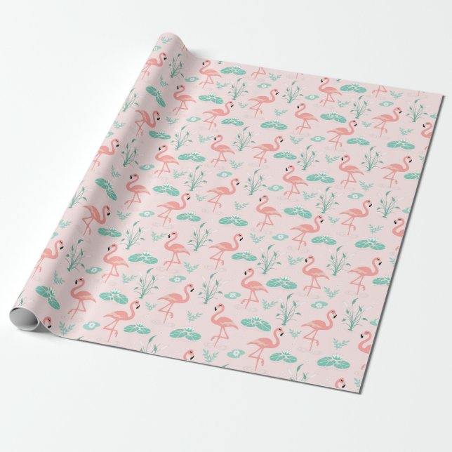 Pink Flamingos Green Palm Blätter Tropical Geschenkpapier (Ungerollt)