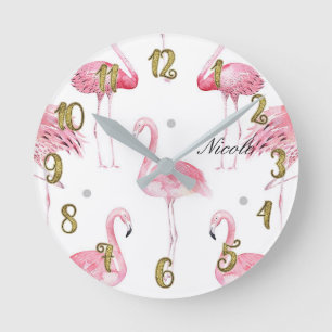 Pink Flamingos Grey Polka Dots Chic Minimal Custom Runde Wanduhr