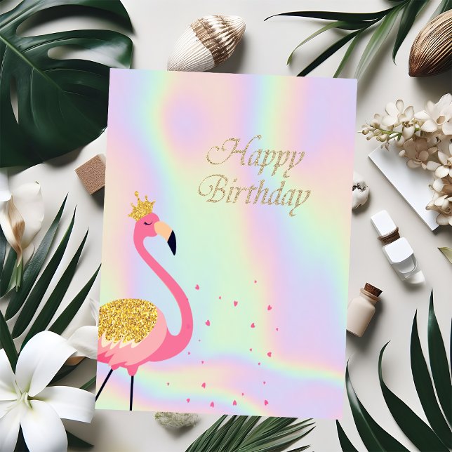 Pink Flamingos Hearts Holographic Birthday Karte (Von Creator hochgeladen)