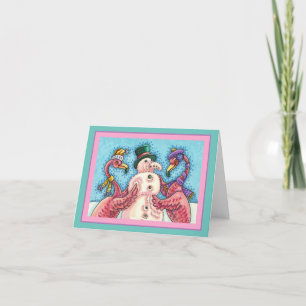 PINK FLAMINGOS MACHEN SNOWMAN, FUNNY CHRISTMAS Bla Karte