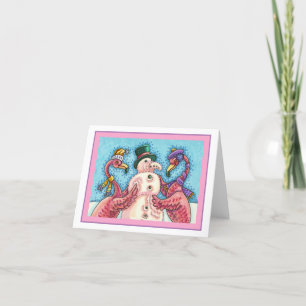 PINK FLAMINGOS MACHEN SNOWMAN, FUNNY CHRISTMAS Bla Karte