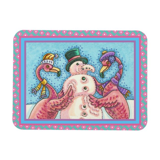 PINK FLAMINGOS MACHEN SNOWMAN, FUNNY CHRISTMAS VÖG MAGNET (Horizontal)