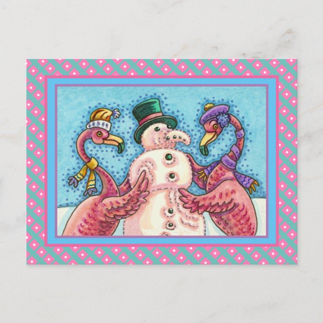 PINK FLAMINGOS MACHEN SNOWMAN, FUNNY CHRISTMAS VÖG POSTKARTE (Vorderseite)