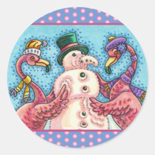 PINK FLAMINGOS MACHEN SNOWMAN, FUNNY CHRISTMAS VÖG RUNDER AUFKLEBER