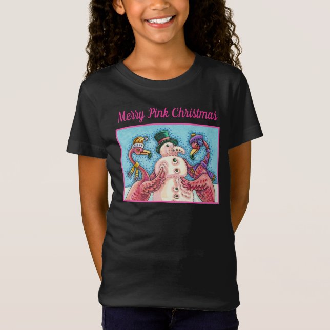 PINK FLAMINGOS MACHEN SNOWMAN, FUNNY CHRISTMAS VÖG T-Shirt (Vorderseite)