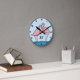 Pink Flamingos Monogram Art oder Custom Foto Wall Runde Wanduhr