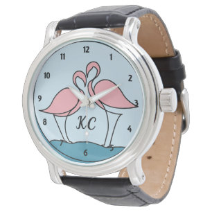 Pink Flamingos Monogramm schwarzes Vintageleder Armbanduhr