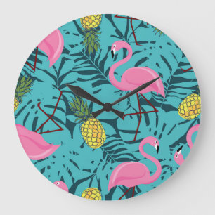 Pink Flamingos Palm: Exotic Hawaii Große Wanduhr