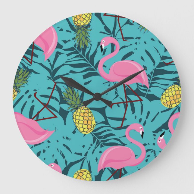 Pink Flamingos Palm: Exotic Hawaii Große Wanduhr (Vorderseite)