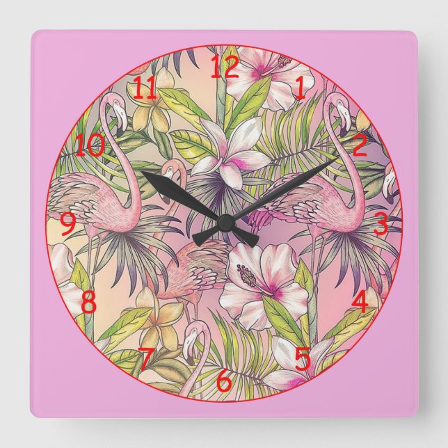 Pink Flamingos Quadratische Wanduhr (Vorderseite)