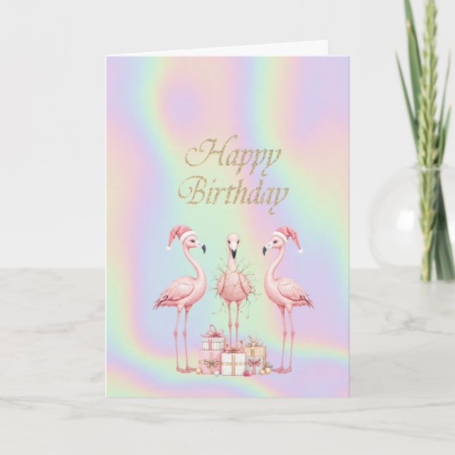  Pink Flamingos Santa Hat Holographic Birthday  Karte (Vorderseite)