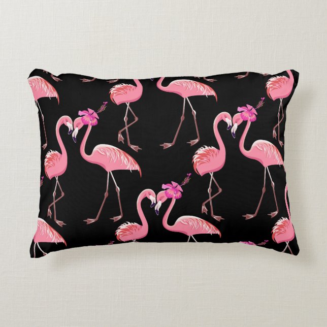 Pink Flamingos: Schwarzer Hintergrund Vintag Dekokissen (Vorderseite)