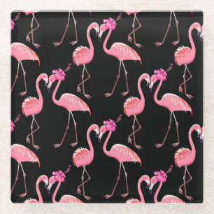 Pink Flamingos: Schwarzer Hintergrund Vintag Glasuntersetzer
