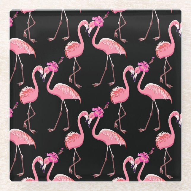 Pink Flamingos: Schwarzer Hintergrund Vintag Glasuntersetzer (Vorderseite)