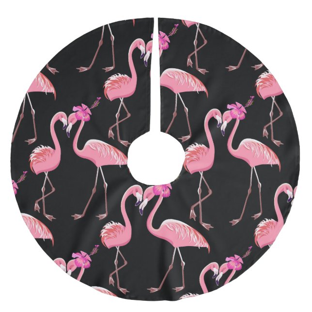 Pink Flamingos: Schwarzer Hintergrund Vintag Polyester Weihnachtsbaumdecke (Vorderseite)