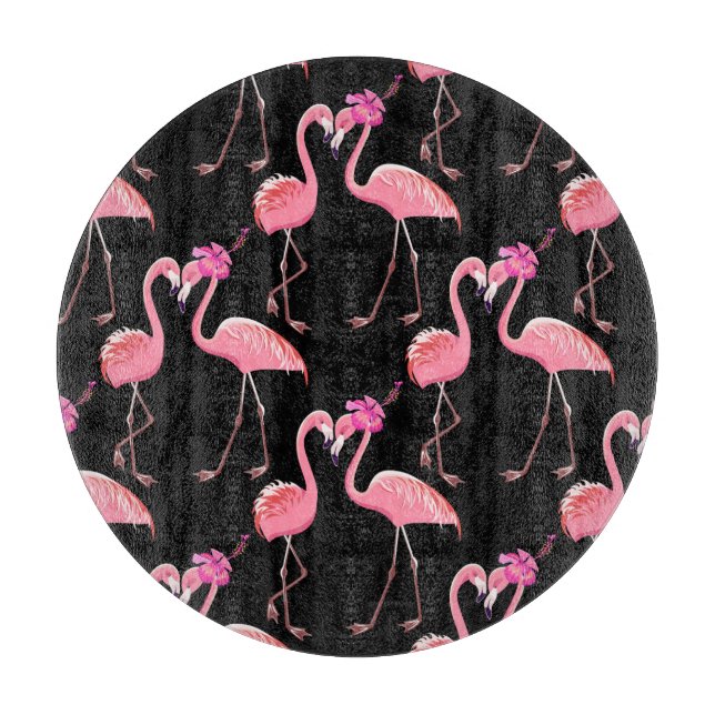 Pink Flamingos: Schwarzer Hintergrund Vintag Schneidebrett (Vorderseite)