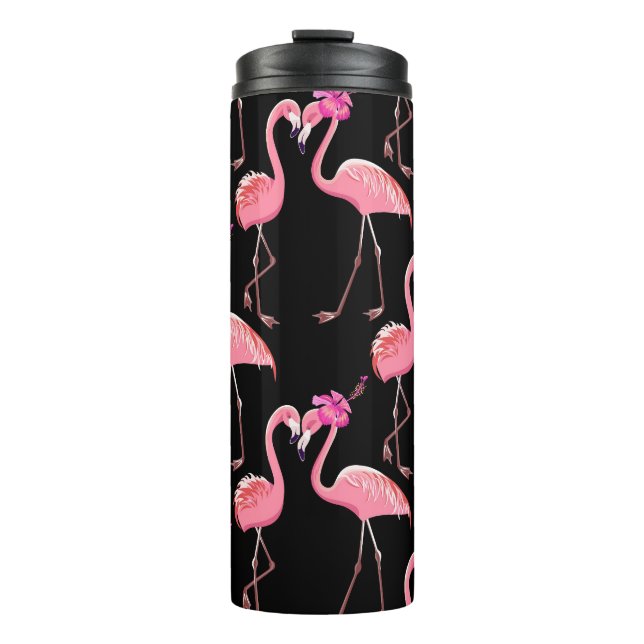 Pink Flamingos: Schwarzer Hintergrund Vintag Thermosbecher (Vorderseite)