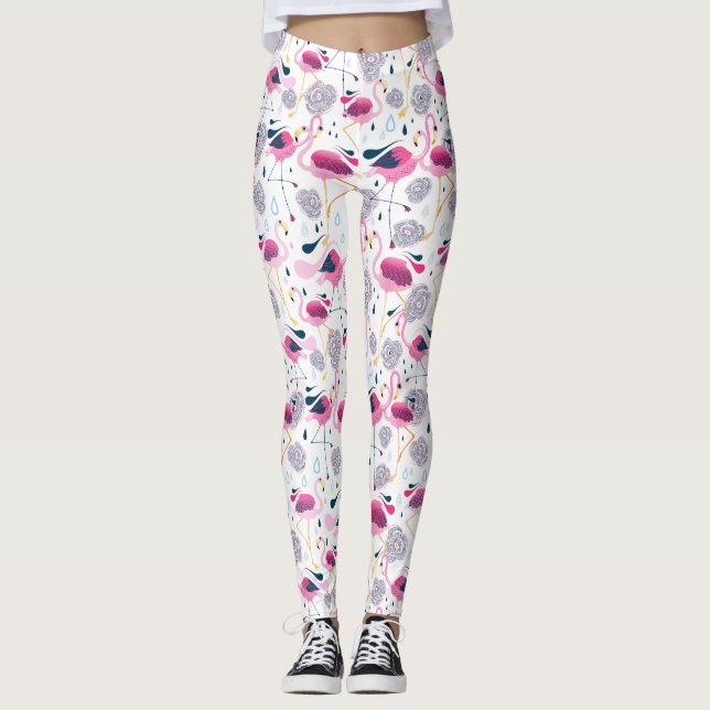 Pink Flamingos Stilisierte tropische Blume Muster Leggings (Vorderseite)