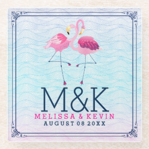 Pink Flamingos & Stylized Beach Water Waves Glasuntersetzer