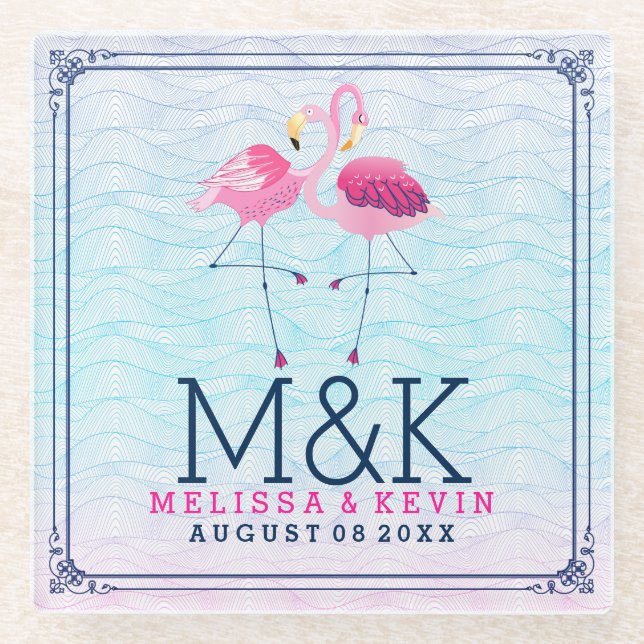 Pink Flamingos & Stylized Beach Water Waves Glasuntersetzer (Vorderseite)