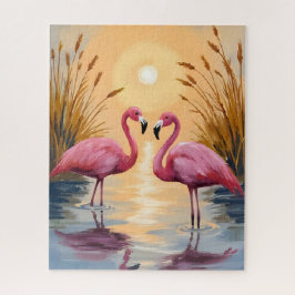 Pink Flamingos Sunset Animal Painting Puzzle