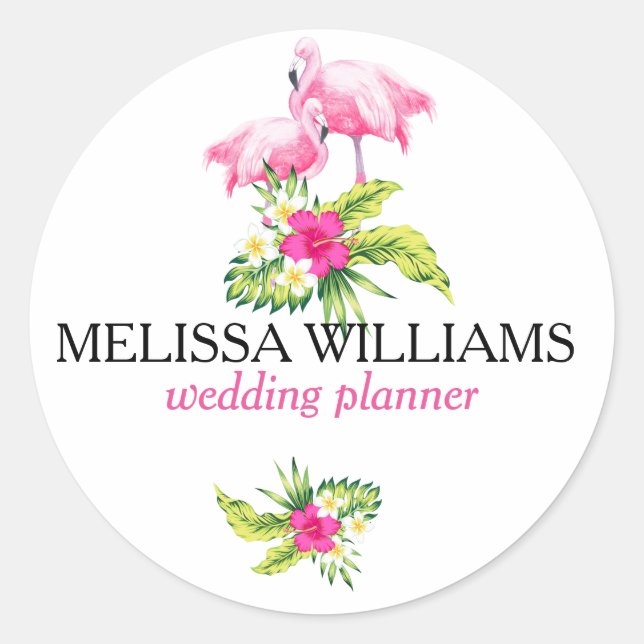Pink Flamingos & Tropical Blume Bouquet Runder Aufkleber (Vorderseite)