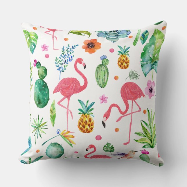 Pink Flamingos & Tropical Cactus Pattern Kissen (Vorderseite)