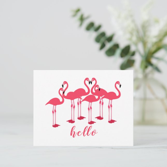 Pink Flock von Flamingos "Hello" Postkarte (Stehend Vorderseite)