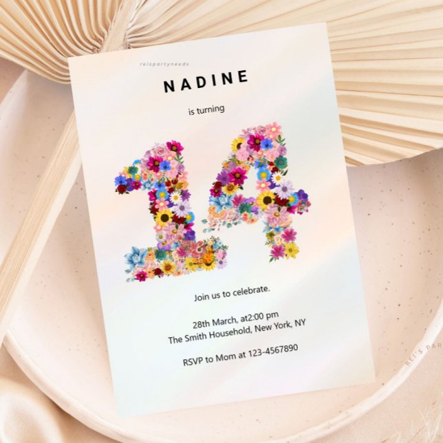 Pink Floral 14th Birthday Garden Spring Wildflower Einladung (boho soft pink floral, flower arrangement, invitation invite, cute unique girly, elegant modern, 14t)