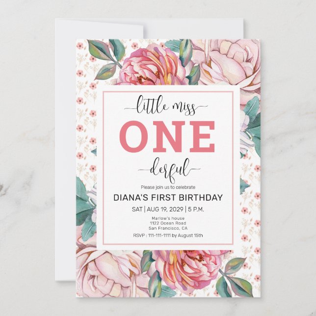 Pink Floral 1st Birthday Invitation Einladung (Vorderseite)
