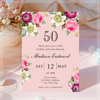 Pink Floral 50. Geburtstag Einladung